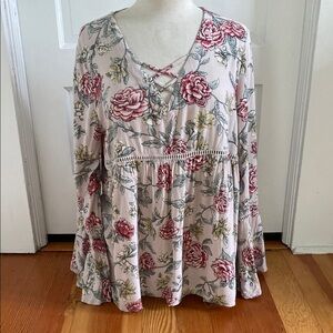 Mystree Pink Floral‎ Long Sleeve Blouse with Criss Cross Front Large